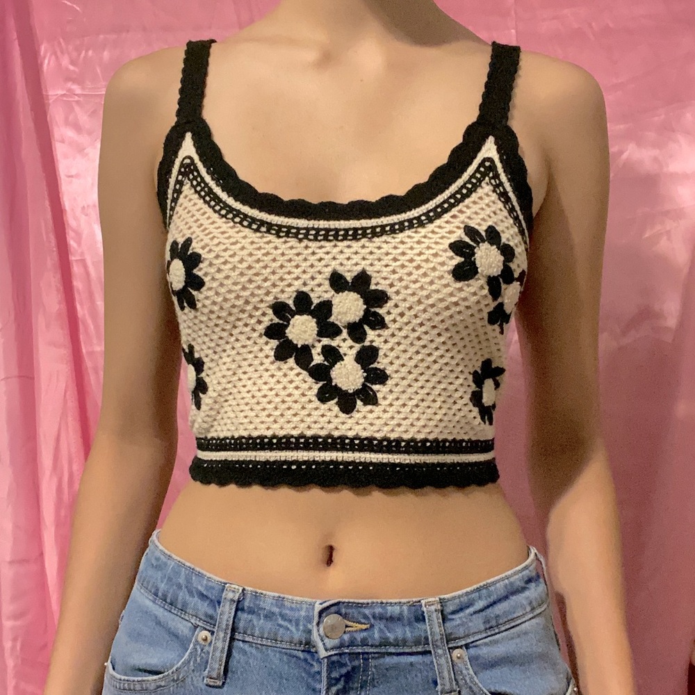 Y2K Black & White Knitted Floral Crop Top